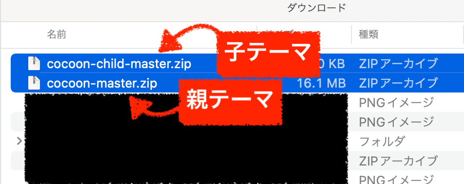 cocoonの親テーマと子テーマをダウンロードした状態